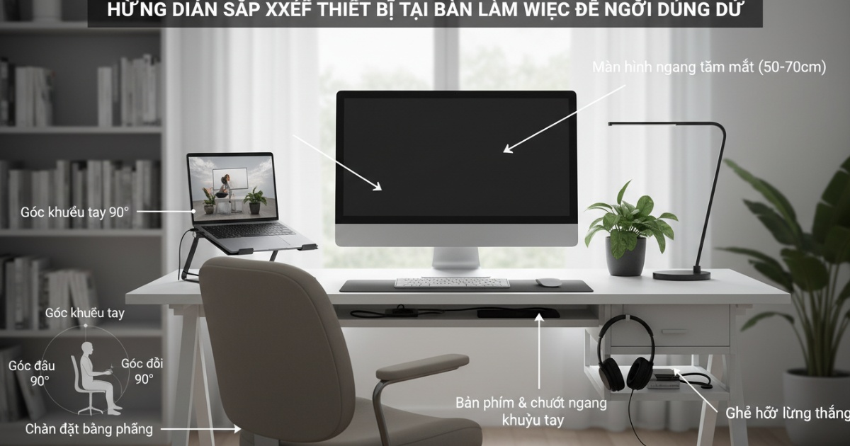 Hướng dẫn sắp xếp thiết bị tại bàn làm việc để ngồi đúng