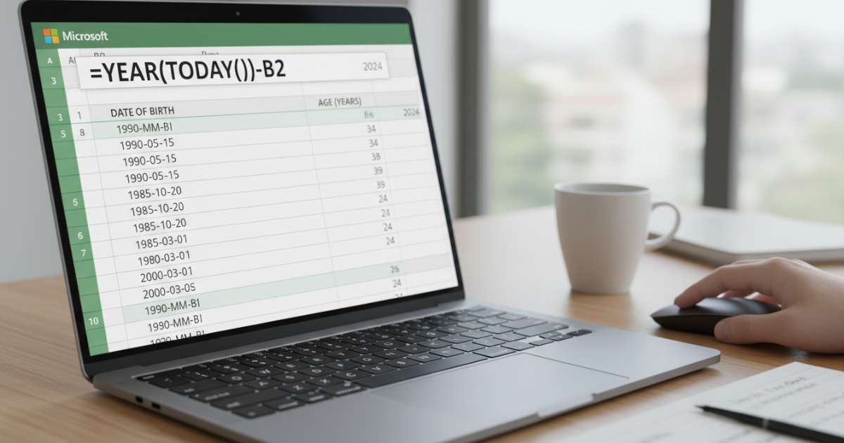 Sử dụng hàm YEAR và hàm TODAY để tính tuổi theo năm sinh